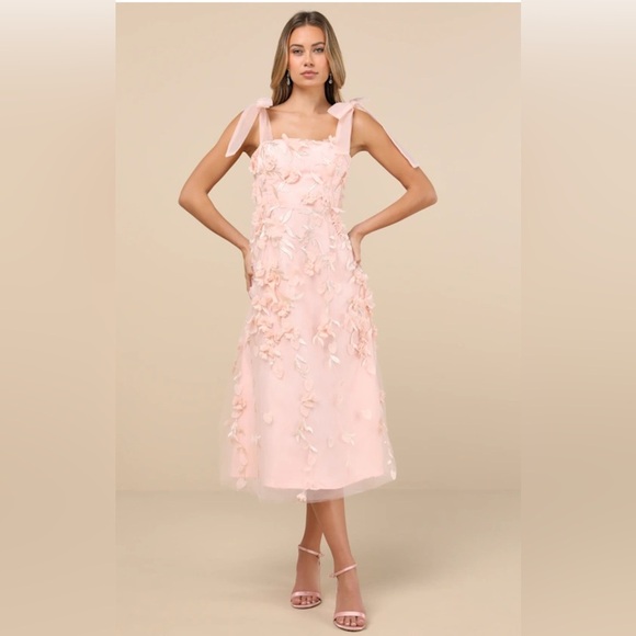 Lulus Effortlessly Sweet Blush Tulle 3D Floral Tie-Strap Midi Dress Size XL - Picture 1 of 16